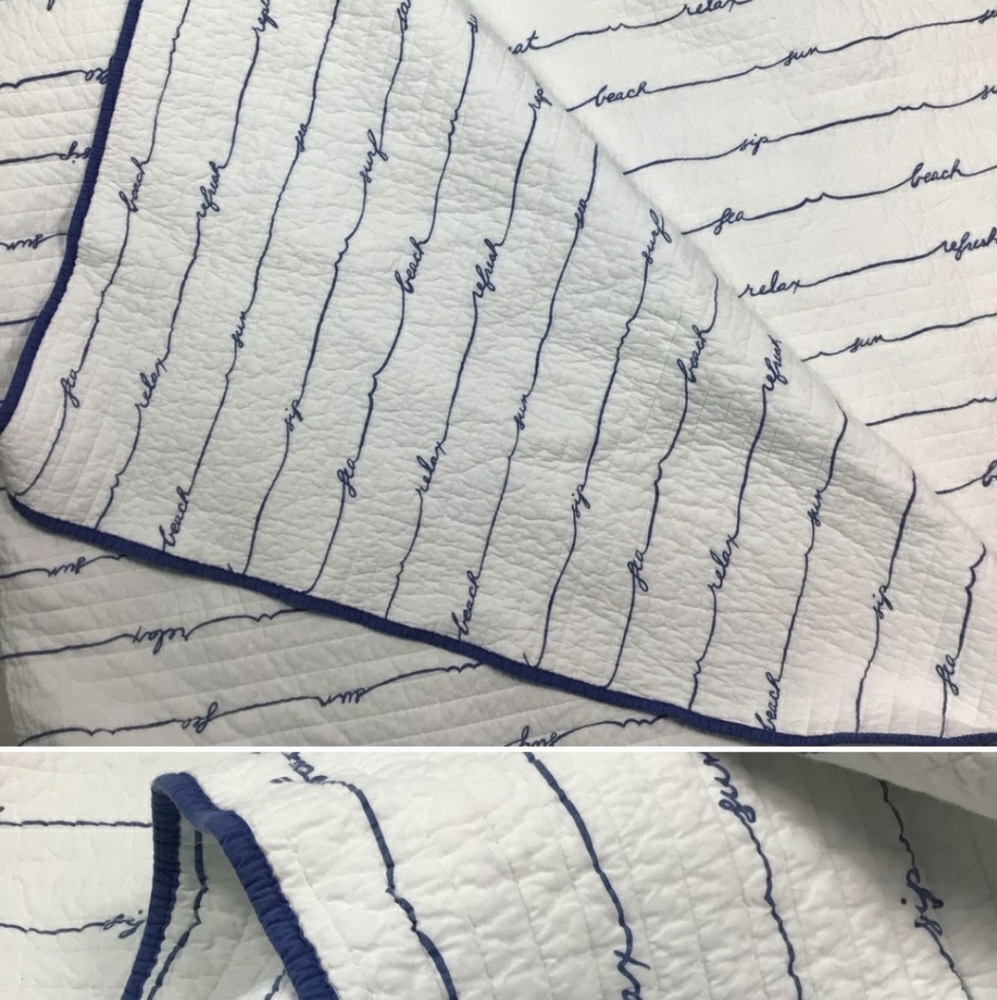 ISO Coastal Living queen reversible quilt sand script bedspread coverlet